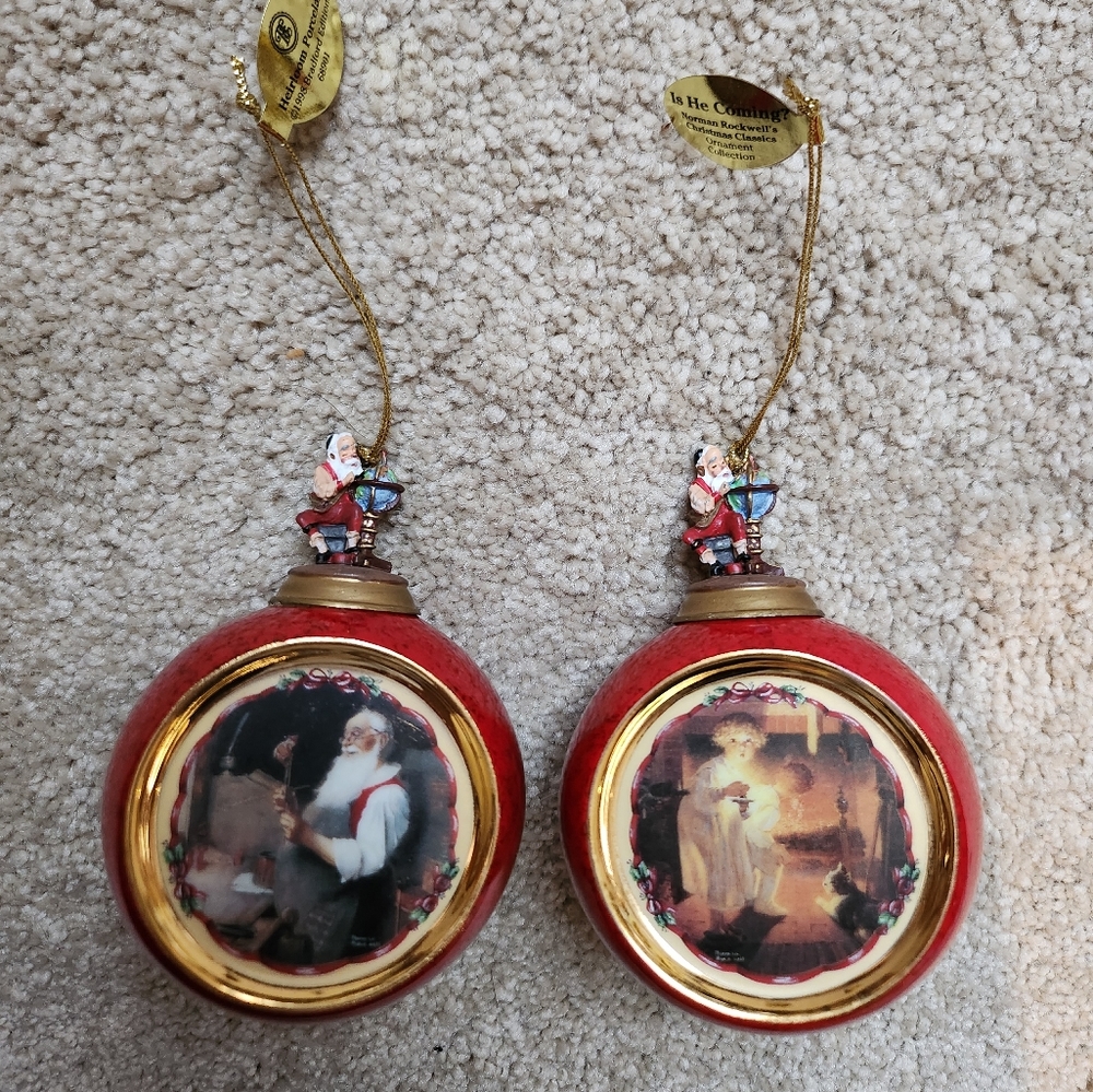 Norman Rockwell  Ornament Collection Lot Is He Coming? And Santa’s Workshop